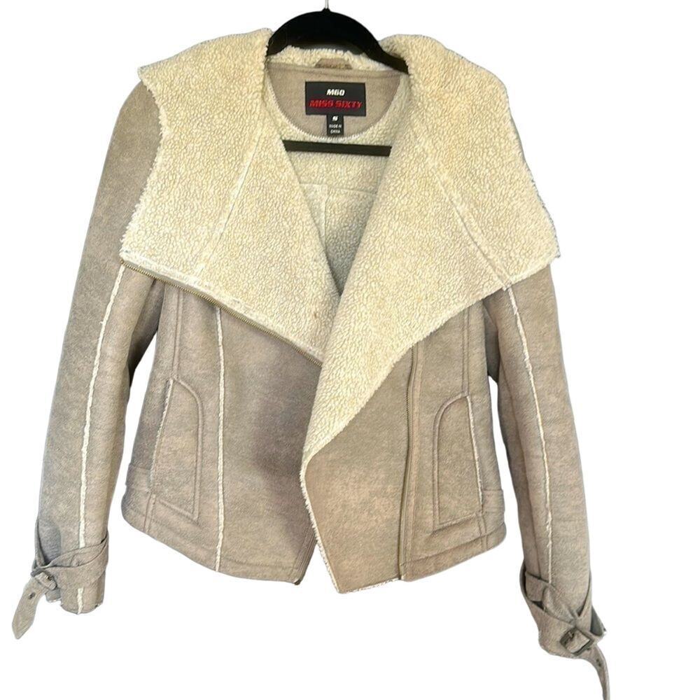 Miss Sixty Y2K Shearling Bomber Jacket Asymmetric Zip Hood Tan Small - Vintage